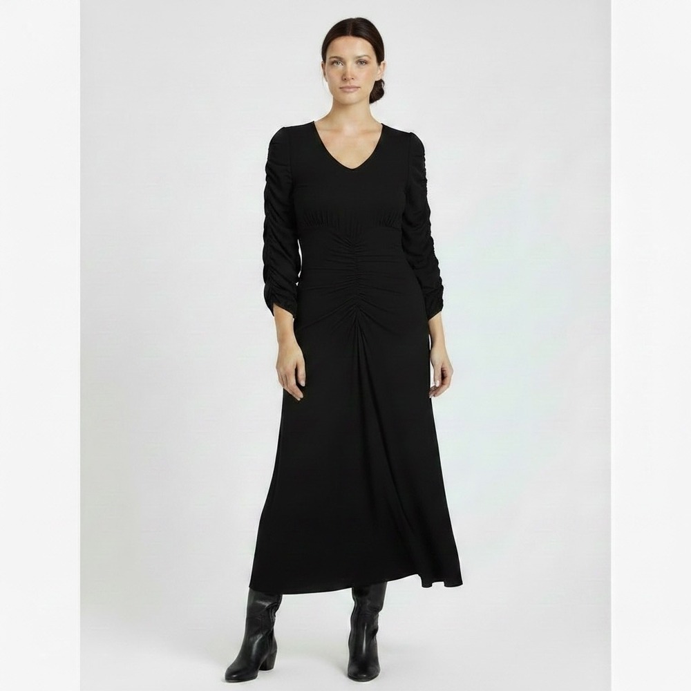 NWT Ruti | The Rouched Jersey Dress M/L Black V-Neck Long Sleeve Midi Maxi $279